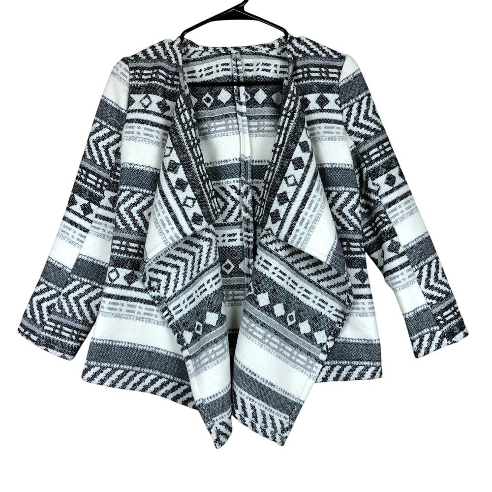 Womens Geometric Aztec Cardigan Gray Ivory Hooded Open Front Boho Tribal Large